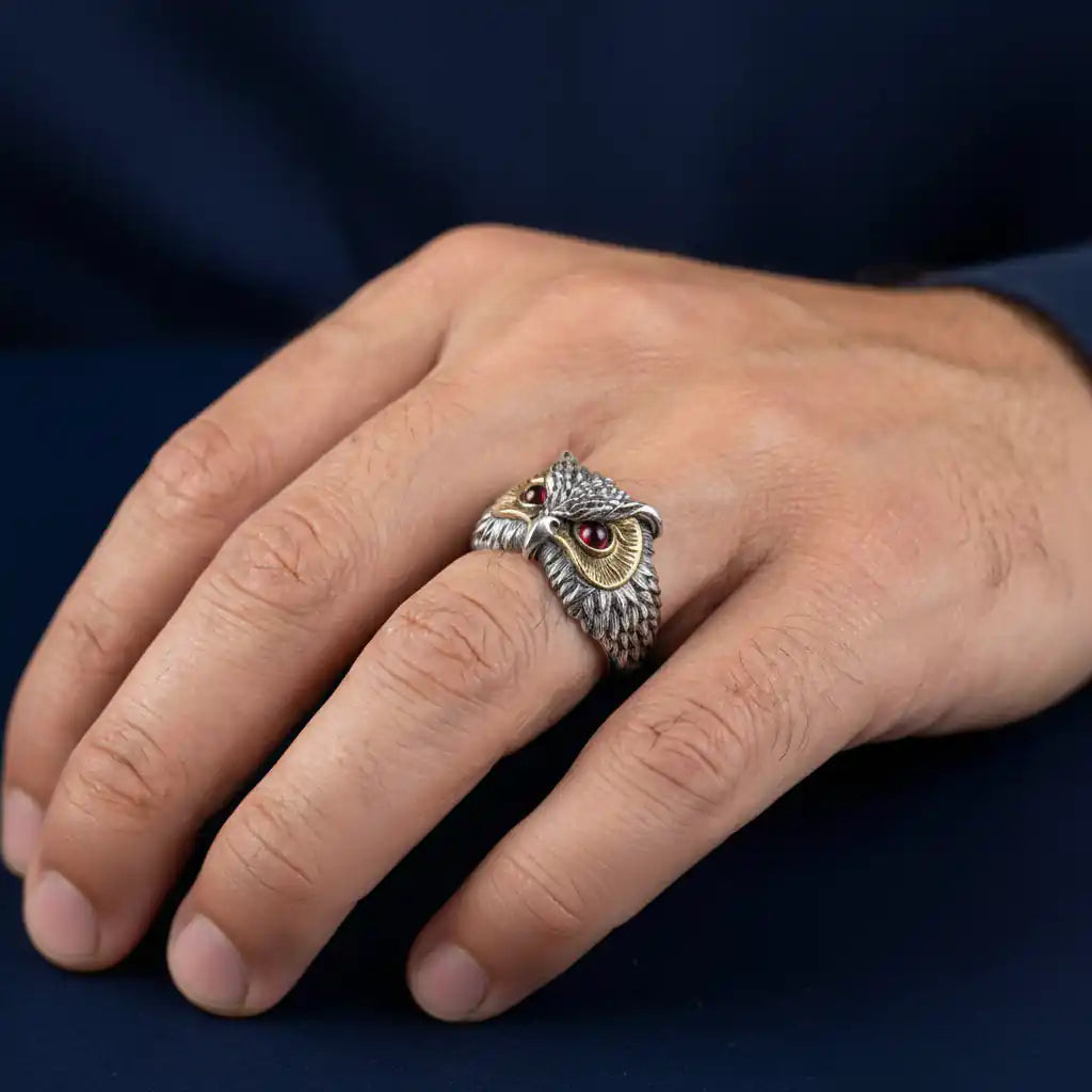 Men's Owl Ring, Stainless steel with Silver & Gold plated β Fit Any Finger, No Size Needed