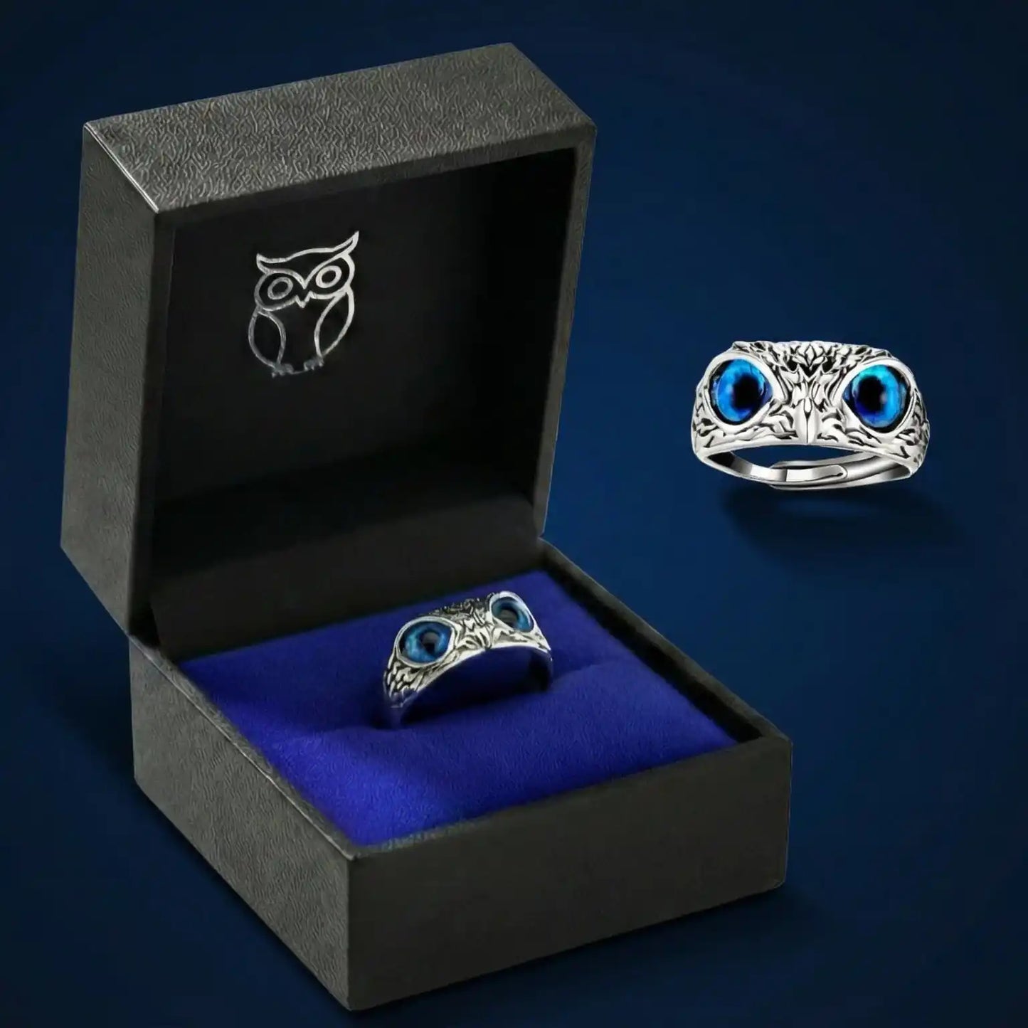 925 Silver Owl Ring with blue eyes (Adjustable size) Fit to any one on any finger