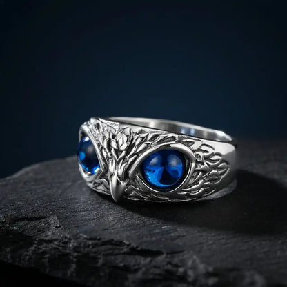 925 Silver Owl Ring with blue eyes (Adjustable size) Fit to any one on any finger