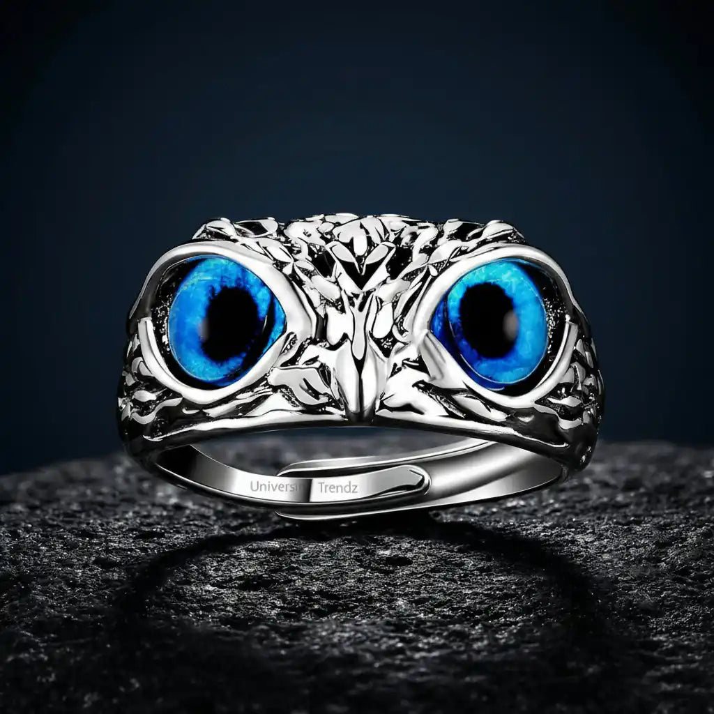 925 Silver Owl Ring with blue eyes (Adjustable size) Fit to any one on any finger