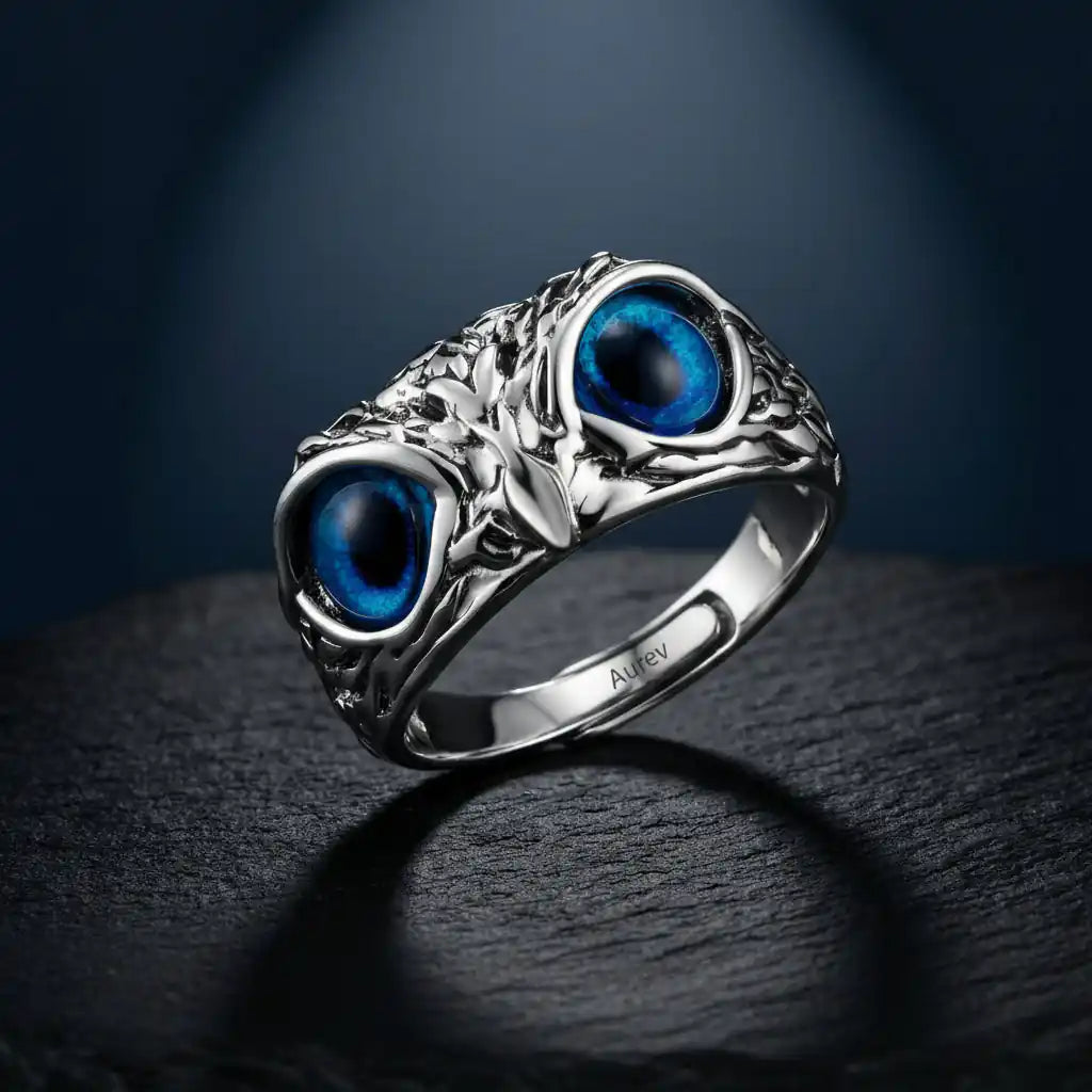 925 Silver Owl Ring with blue eyes (Adjustable size) Fit to any one on any finger